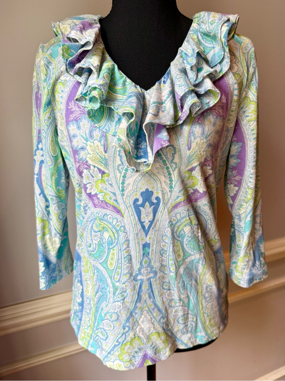 Lauren Ralph Lauren Paisley Ruffle Neck Top Blue Purple Green Cotton Size L
